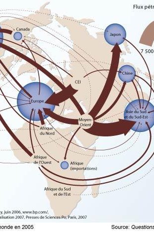 Principaux flux pétroliers dans le monde en 2005. © La documentation française