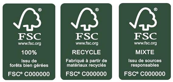 Il existe trois types de labels FSC : 100 % (issu de forêts bien gérées), Recyclé (fabriqué à partir de matériaux recyclés) ou Mixte (issu de sources responsables).