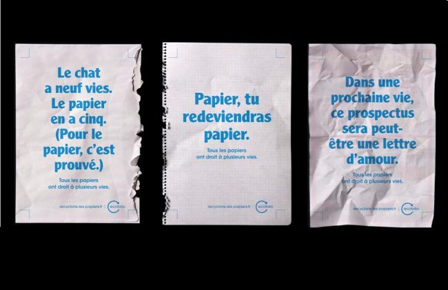 Exemple de 3 visuels de la campagne de sensibilisation au recyclage des papiers lancée par Ecofolio le 8 octobre 2012. © Ecofolio, Montage Natura Sciences