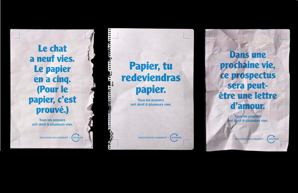 ecofolio-campagne-sensibilisation-affiches 3 visuels de la campagne de sensibilisation au recyclage des papiers lancée par Ecofolio le 8 octobre 2012. © Ecofolio, Montage Natura Sciences